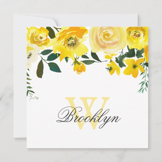 Yellow Watercolor Floral Monogram Dankeschön Karte (Vorderseite)