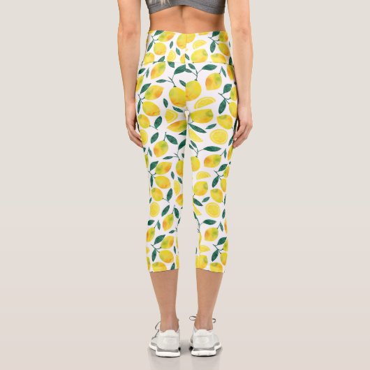 Yellow Watercolor Lemon Muster Capri Leggings (Rückseite)