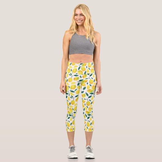 Yellow Watercolor Lemon Muster Capri Leggings (Vorderseite)