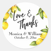 Yellow Watercolor Lemon Sprigs Liebe & Danke Runder Aufkleber (Vorderseite)