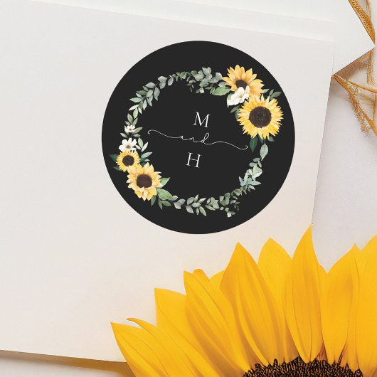 Yellow Watercolor Sonnenblume Country Wreath Weddi Runder Aufkleber