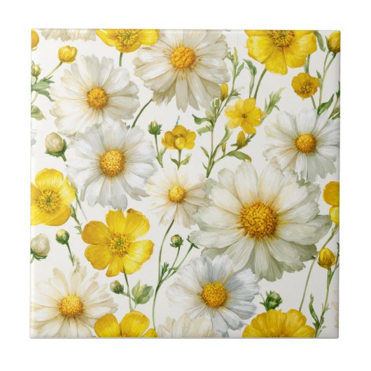 Yellow Watercolor Wildflowers Pattern  Fliese (Vorderseite)