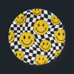 Yellow Wavy Checkered Retro Preppy Smile Birthday Pappteller<br><div class="desc">Yellow wavy checkered retro preppy smile birthday paper plate.</div>