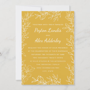 Yellow White Botanical Line Art Wedding Einladung