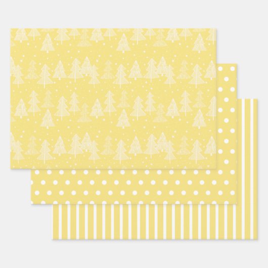 Yellow White Christmas Trees Polka Dots Strip Geschenkpapier Set (Set)