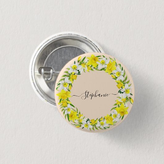 Yellow White Daffodien Garland Monogram Name Button (Vorne & Hinten)