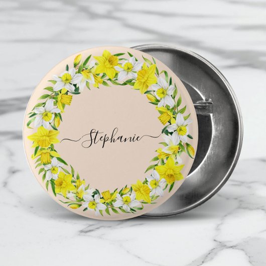 Yellow White Daffodien Garland Monogram Name Button