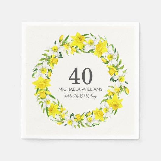 Yellow White Daffodils Wreath 40. Geburtstag Party Serviette (Vorderseite)