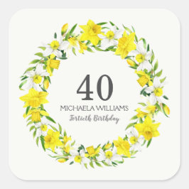 Yellow White Daffodils Wreath 40. Geburtstag Quadratischer Aufkleber