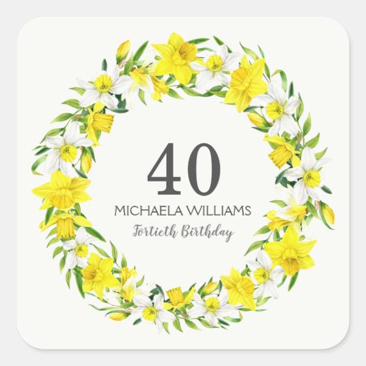 Yellow White Daffodils Wreath 40. Geburtstag Quadratischer Aufkleber (Vorderseite)