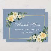 Yellow White Floral Dusty Blue Wedding Dankeskarte (Vorne/Hinten)