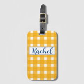 Yellow White Gingham Personalisiert Gepäckanhänger (Vorderseite Vertikal)