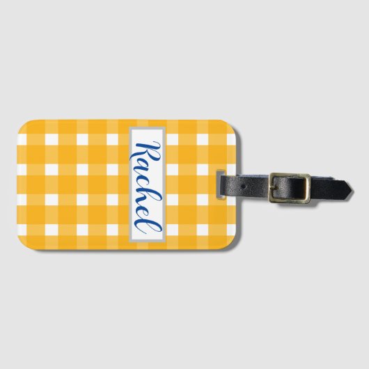 Yellow White Gingham Personalisiert Gepäckanhänger (Vorderseite (Horizontal))