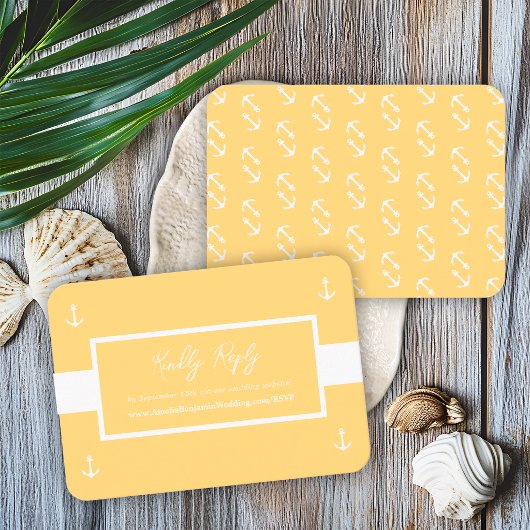 Yellow White Nautical Pattern Website Hochzeit RSV Begleitkarte