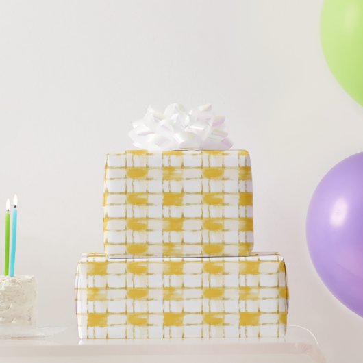 Yellow White Plaid Stripes Birthday Geschenkpapier (Partygeschenke)