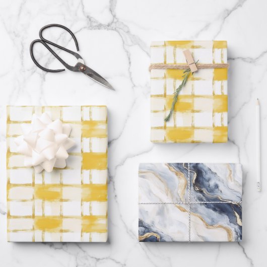 Yellow White Plaid Stripes Blue White Birthday Geschenkpapier Set (Vorderseite)