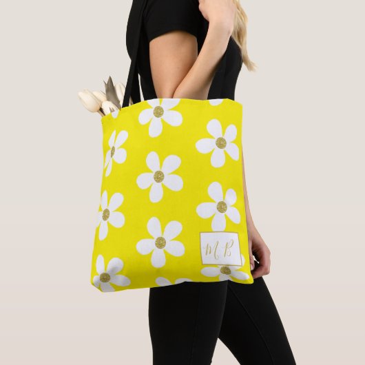 Yellow White Simple Daisy Gold Monogram Tasche (Von Nahem)