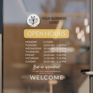 Yellow & White Small Business Logo Open Hours Fensteraufkleber