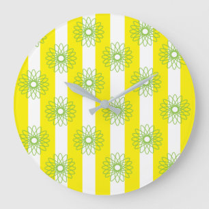 Yellow White Stripes Floral Große Wanduhr