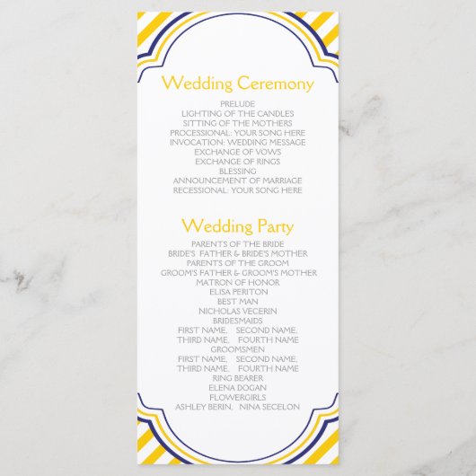 Yellow white stripes navy nautical wedprogramme programm (Rückseite)
