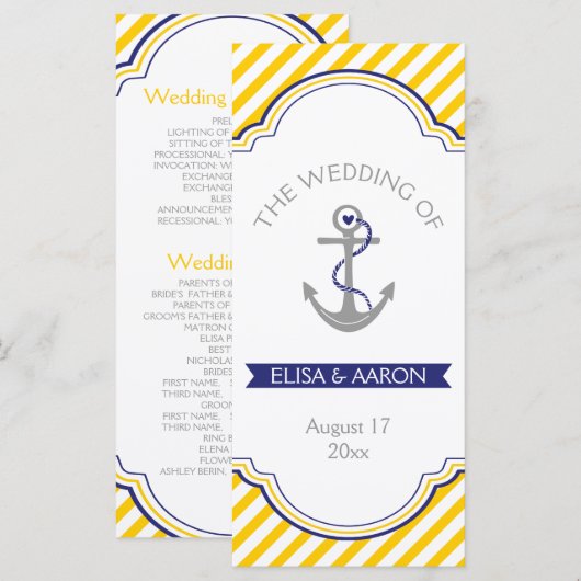 Yellow white stripes navy nautical wedprogramme programm (Vorne/Hinten)