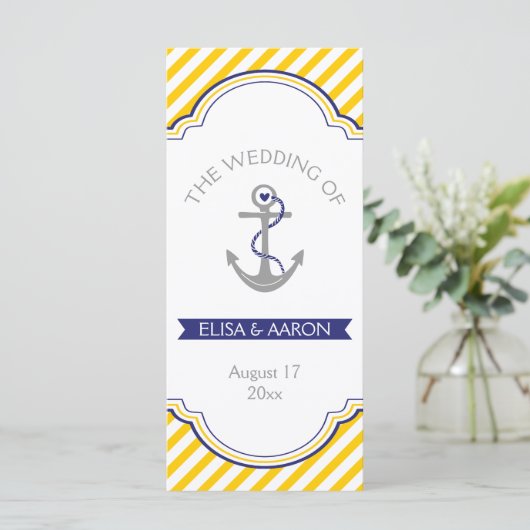 Yellow white stripes navy nautical wedprogramme programm (Stehend Vorderseite)