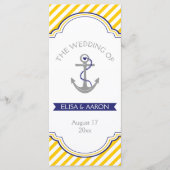 Yellow white stripes navy nautical wedprogramme programm (Vorderseite)