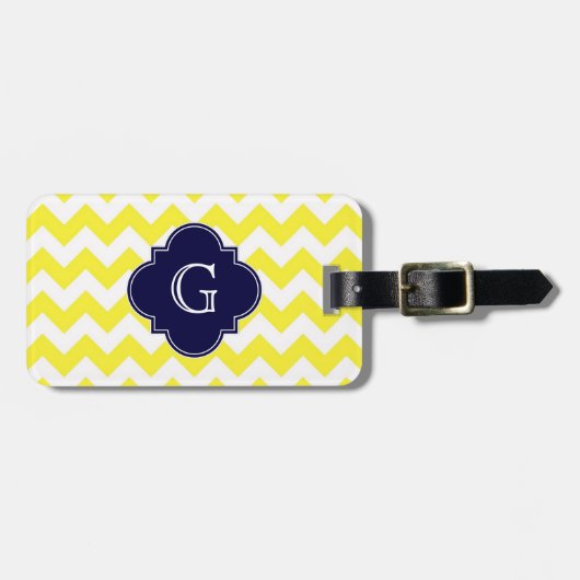 Yellow WhZickzack Navy Blue Quatrefoil Monogramm Gepäckanhänger (Vorderseite horizontal)