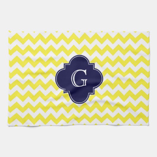 Yellow WhZickzack Navy Blue Quatrefoil Monogramm Geschirrtuch (Horizontal)