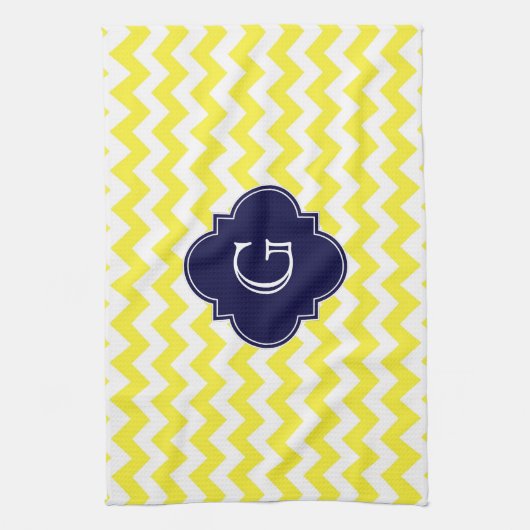 Yellow WhZickzack Navy Blue Quatrefoil Monogramm Geschirrtuch (Vertikal)