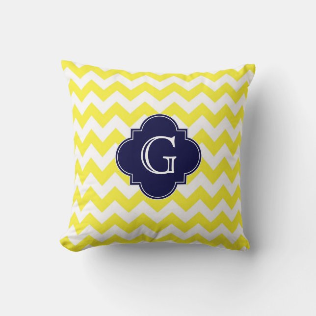 Yellow WhZickzack Navy Blue Quatrefoil Monogramm Kissen (Vorderseite)