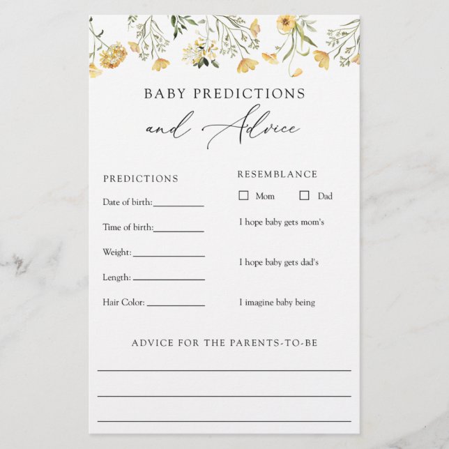 Yellow Wildblume Baby Advice and Predictions Card (Vorderseite)
