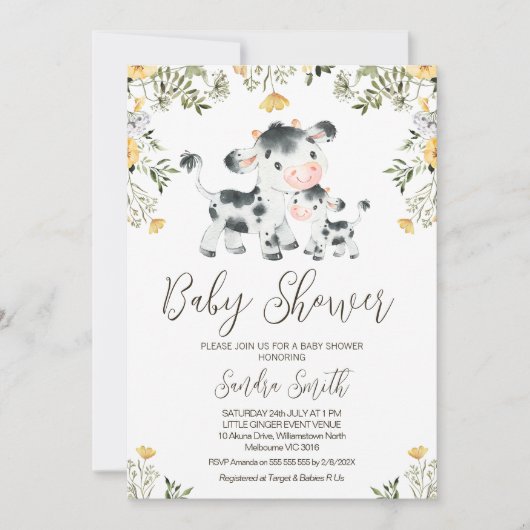 Yellow Wildblume Kuh Calf Babydusche Einladung (Vorderseite)