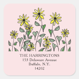Yellow Wildflower Art Pink Floral Return Address Quadratischer Aufkleber