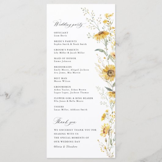 Yellow Wildflower Sunflower Wedding Ceremony Programm (Rückseite)