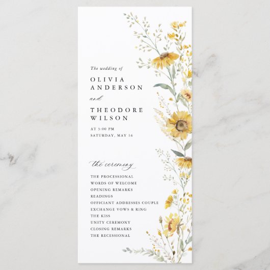 Yellow Wildflower Sunflower Wedding Ceremony Programm (Vorderseite)