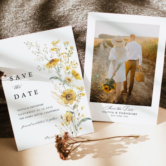 Yellow Wildflower Sunflower Wedding Photo Back Save The Date