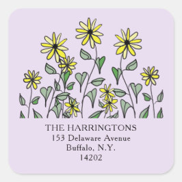 Yellow Wildflowers Lavender Floral Address Label Quadratischer Aufkleber