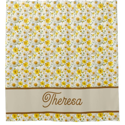 Yellow Wildflowers Pattern Monogram Name Duschvorhang (Vorderseite)