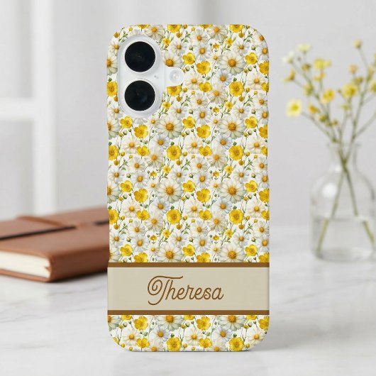 Yellow Wildflowers Pattern Monogram Name iPhone 16 Hülle