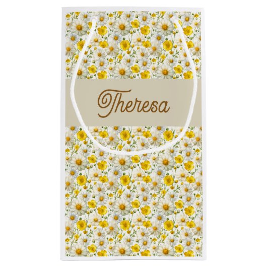Yellow Wildflowers Pattern Monogram Name Kleine Geschenktüte (Rückseite)
