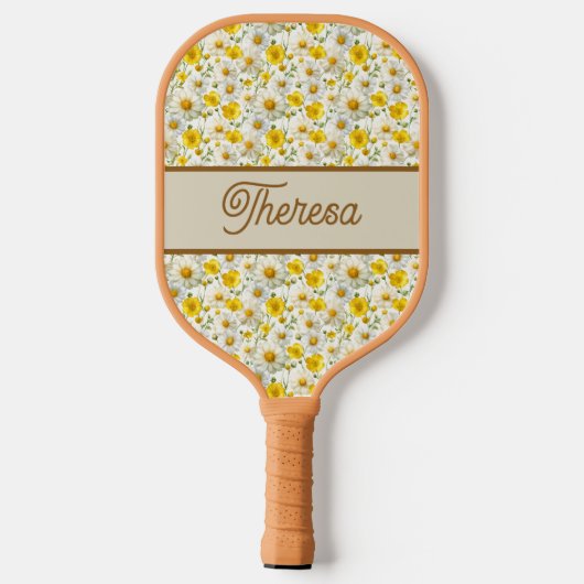 Yellow Wildflowers Pattern Monogram Name Pickleball Schläger (Rückseite)