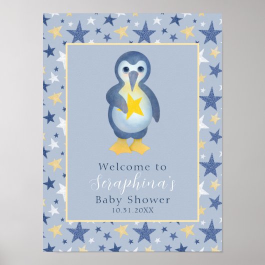 Yellow Winter Star Pinguin Babydusche Willkommen Poster (Vorne)