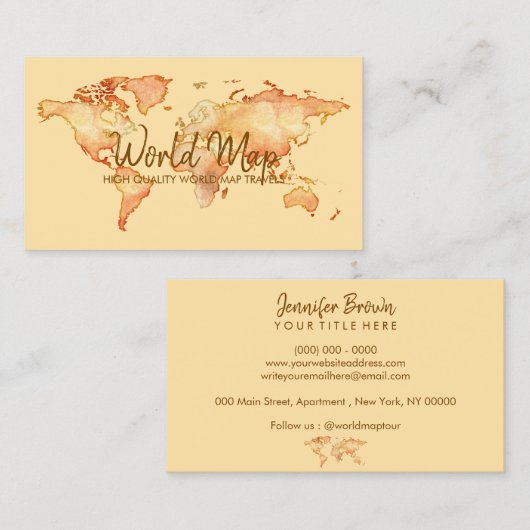 yellow World Map Travel International Trip Agent Visitenkarte (Vorne/Hinten)