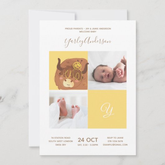 Yellow Yak ・ Alphabet Monogram Niedlich Baby Shoot Einladung (Vorderseite)