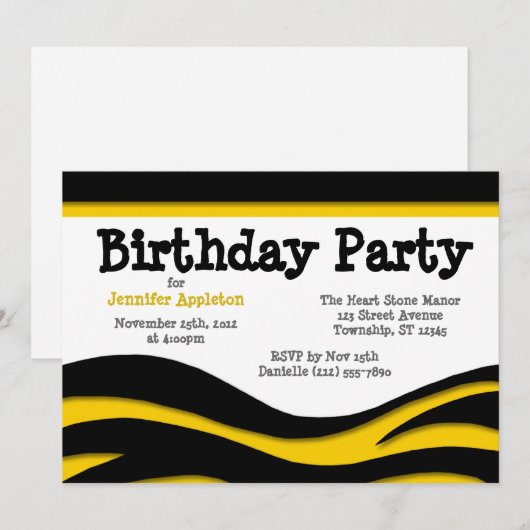 Yellow Zebra Print Waves Birthday Einladungen (Vorne/Hinten)