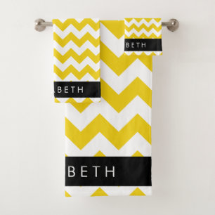 Yellow Zigzag, gelb Zickzack, Ihr Name Badhandtuch Set