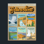 Yellowstone Nationalpark Sehenswürdigkeit Collage Postkarte<br><div class="desc">Yellowstone Nationalpark Vintage Sammlung berühmter Sehenswürdigkeiten Illustrationen wie: Alte Feden,  Grand Prismatic Spring,  Firehole Falls,  Mammoth Hot Springs,  Hayden Valley und Norris Geyser.</div>