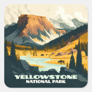 Yellowstone Nationalpark Wyoming Berge Retro Quadratischer Aufkleber