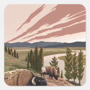 Yellowstone River Bison Vintage Travel Poster Quadratischer Aufkleber
